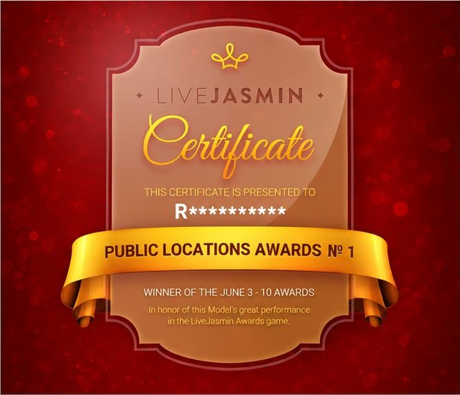 Certificat LiveJasmin: Public Locations Awards Nº 1