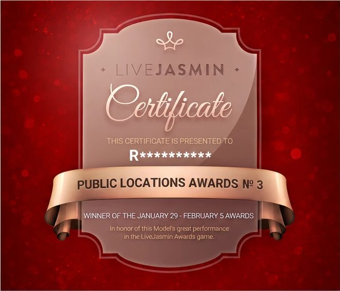 Certificat LiveJasmin: Public Locations Awards Nº 3