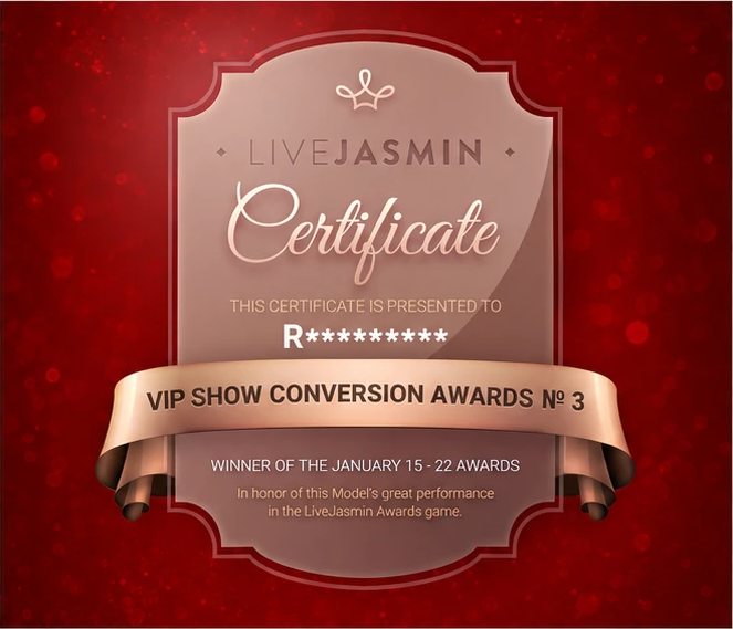 Certificat LiveJasmin: VIP Show Conversion Awards Nº 3