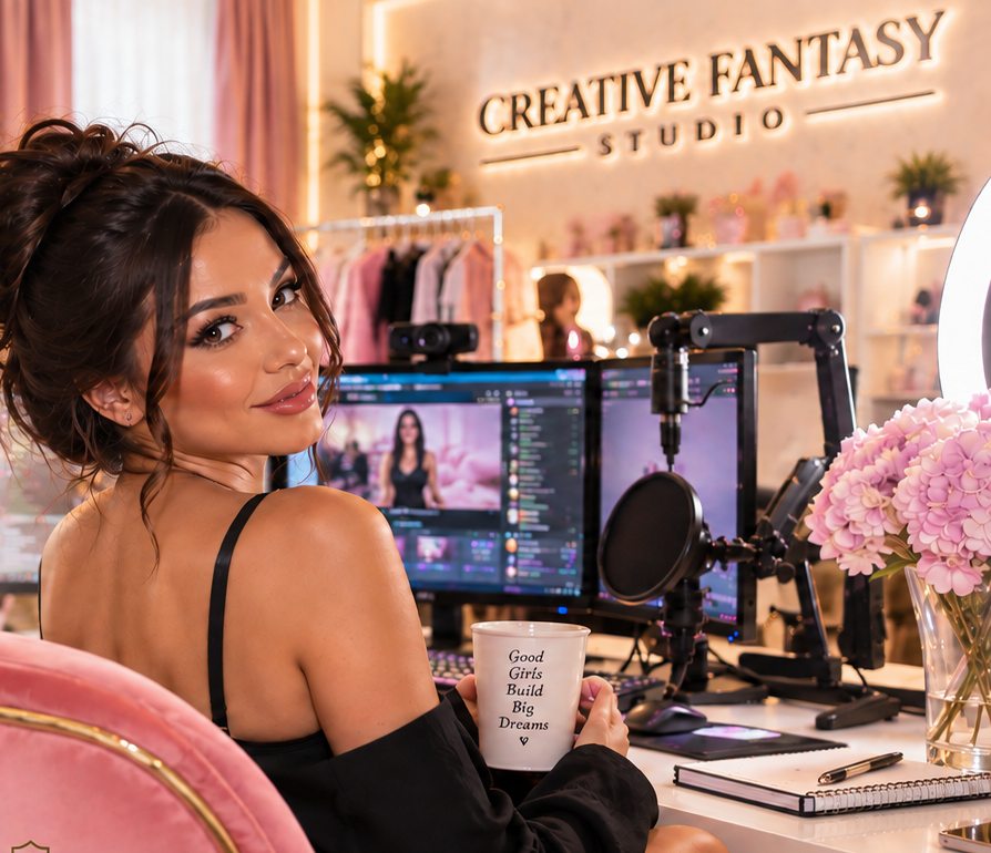 Modelă la biroul de streaming, sub logoul luminos Creative Fantasy Studio